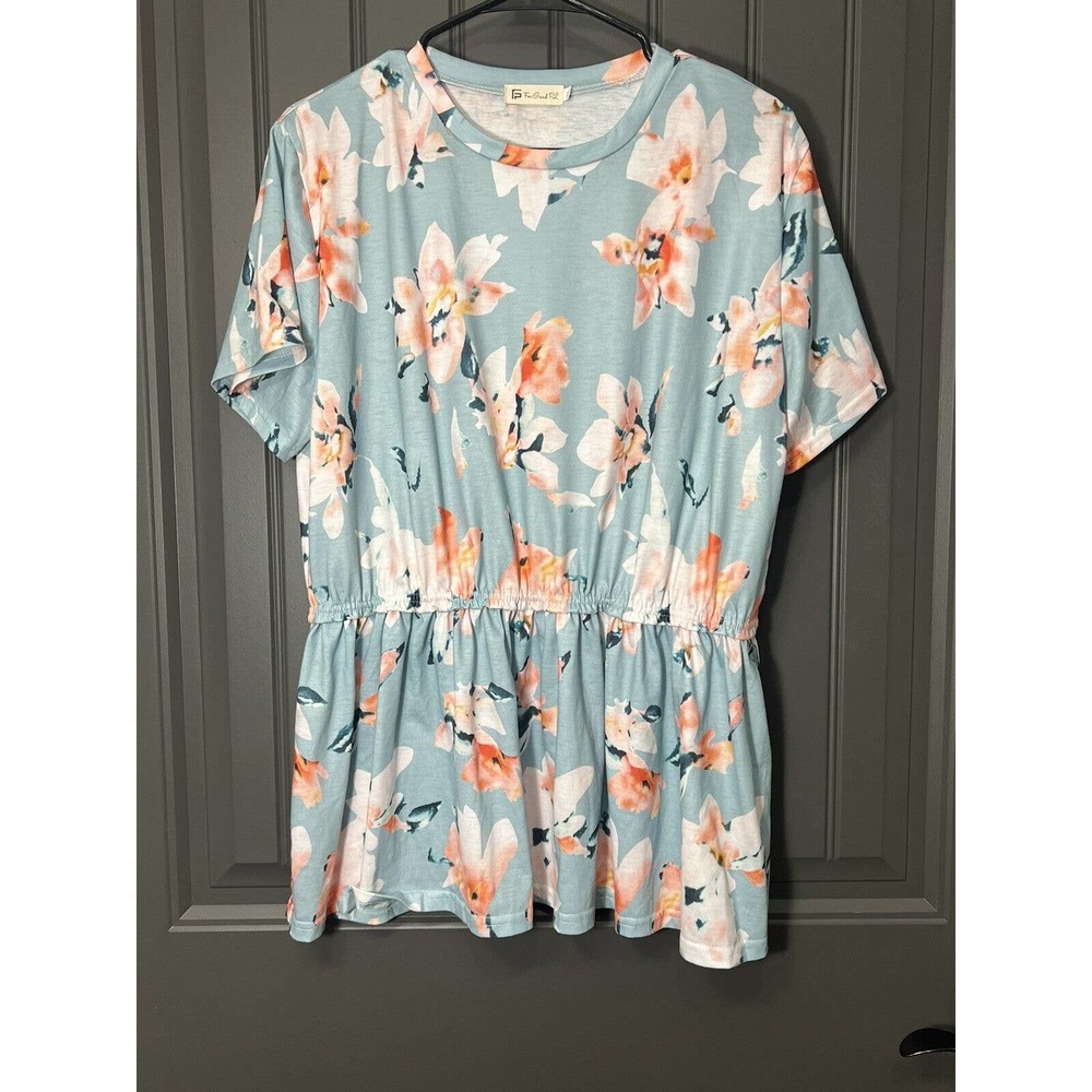 For G and PL Light Blue Floral Print Short Sleeved Elastic Waist Size XL